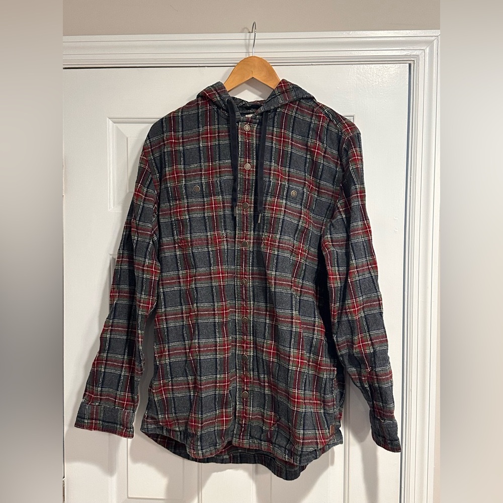 LL Bean Flannel Hoodie Scotch Plaid - Grey Stewart button up Large Tall - LT